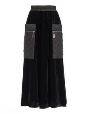 Black Velvet Maxi Skirt with Quilted Pocket Panels